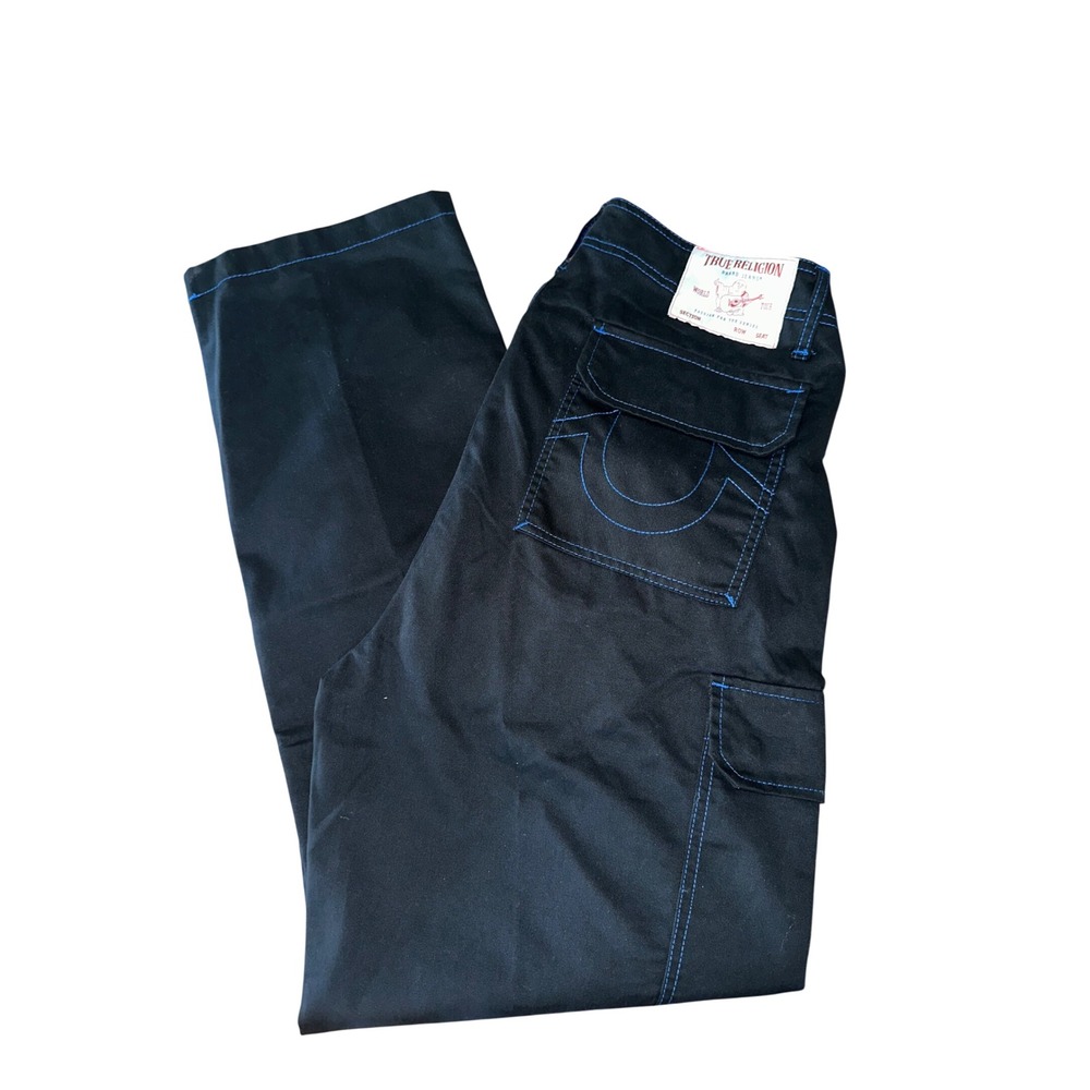 True Religion Mens Black Cargo Pants Blue Contrast Stitch Straight Leg Size 34